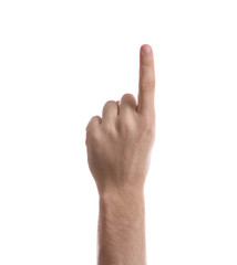 Man pointing at something on white background, closeup of hand