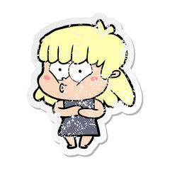 distressed sticker of a cartoon whistling girl