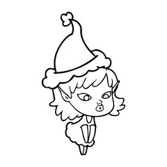 pretty line drawing of a elf girl wearing santa hat