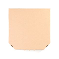 Cardboard pizza box on white background, top view. Mockup for design