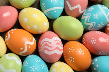 Fototapeta na wymiar Many colorful painted Easter eggs as background, closeup