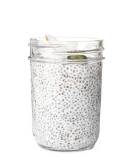 Jar of tasty chia seed pudding with coconut isolated on white