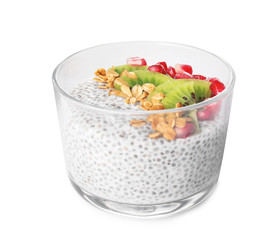 Dessert bowl of tasty chia seed pudding with granola isolated on white