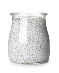 Jar of tasty chia seed pudding isolated on white