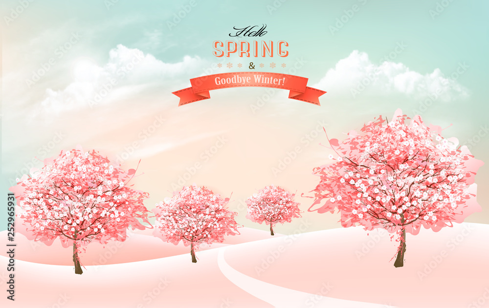 Aufkleber Spring nature background with blossom cherry trees and sky with clouds. Vector.