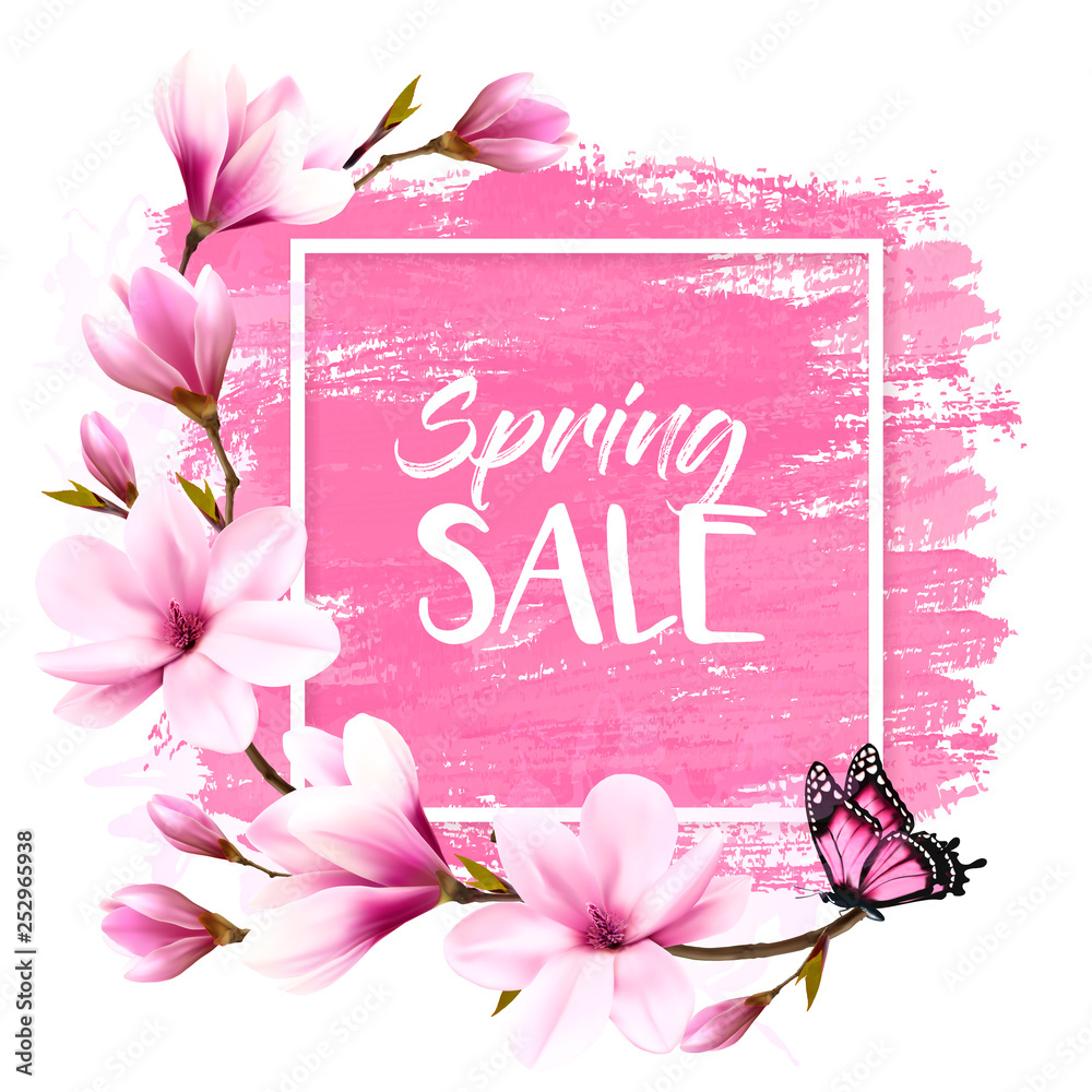 Poster spring sale background with pink blooming magnolia and butterfly. vector