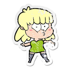 distressed sticker of a cartoon whistling girl
