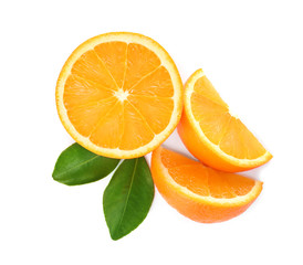 Fresh orange slices on white background, top view