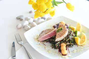 green, seafood, lime, restaurant, asian, diet, grilled, plate, tomato, vegetable, top, black, cuisine, meat, fish, roasted, fillet, fresh, wooden, healthy, dinner, food, meal, sliced, steak, seed, abo