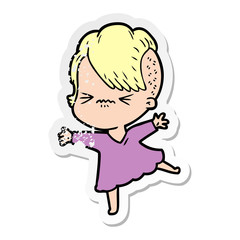 distressed sticker of a cartoon annoyed hipster girl
