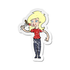 retro distressed sticker of a cartoon woman eating hotdog