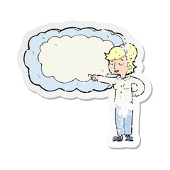 retro distressed sticker of a cartoon woman with text space cloud