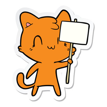 sticker of a cartoon happy cat with blank sign