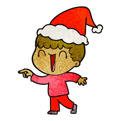 laughing textured cartoon of a man pointing wearing santa hat