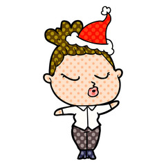 comic book style illustration of a calm woman wearing santa hat
