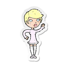 Fototapeta premium retro distressed sticker of a cartoon pretty woman waving