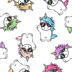 Cute unicorn with sunglasses cartoon seamless pattern, vector illustration