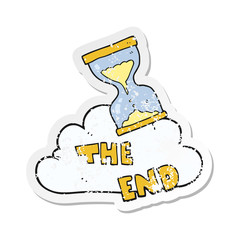 retro distressed sticker of a cartoon sand timer hourglass the end symbol