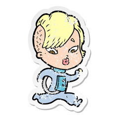 distressed sticker of a cartoon surprised girl