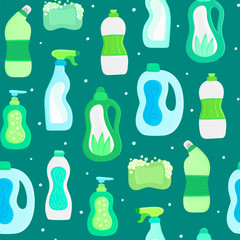 Seamless pattern. Eco friendly household cleaning supplies. Natural detergents. Products for house washing. Non chemical cleaners. Green home. Flat design. Leaflet, brochure, lable, package. Vector