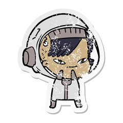 distressed sticker of a cartoon astronaut woman