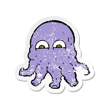 retro distressed sticker of a cartoon alien squid face