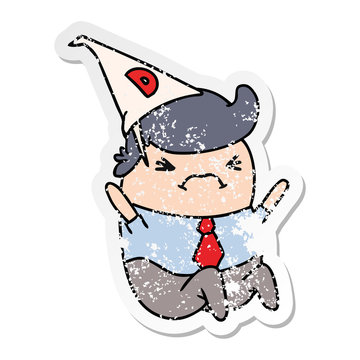 distressed sticker cartoon kawaii man in dunce hat