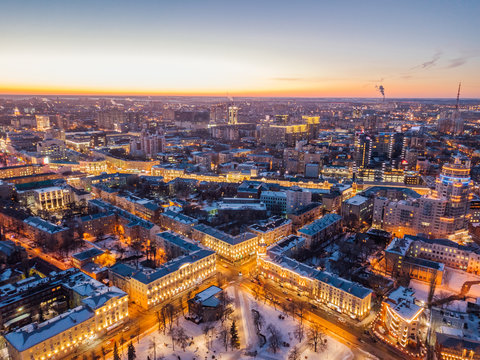 Night Voronezh downtown district. Aerial panoramic view taken by drone