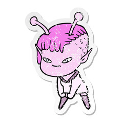 distressed sticker of a cute cartoon alien girl