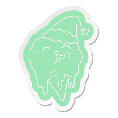 cartoon  sticker of a melting ice cream wearing santa hat