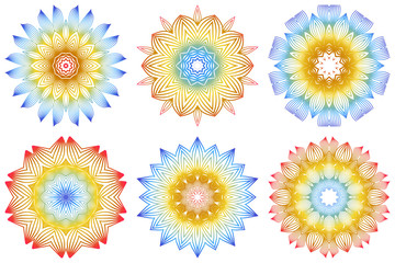 Set of 6 Ornamental Arabic Pattern With Mandala. Vintage Vector For Print Or Web Design. Invitation, Wedding Card, National Design. Rainbow color