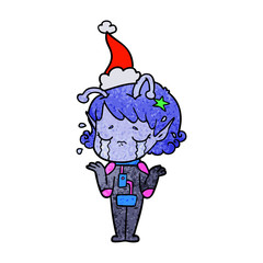 textured cartoon of a crying alien girl wearing santa hat