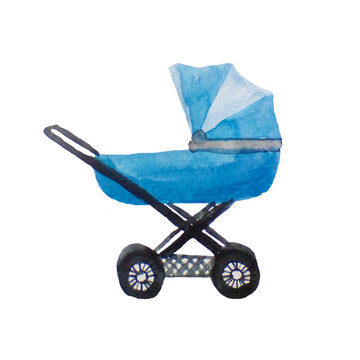 blue stroller for a newborn baby, watercolor illustration on white