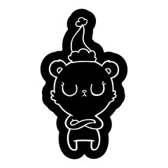 peaceful cartoon icon of a polar bear wearing santa hat