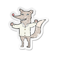 retro distressed sticker of a cartoon happy wolf wearing shirt