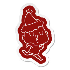 happy cartoon  sticker of a bald man wearing santa hat