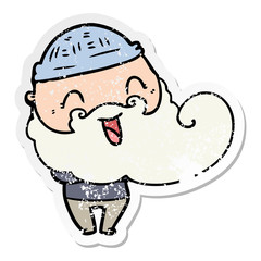 distressed sticker of a happy man with beard and winter hat