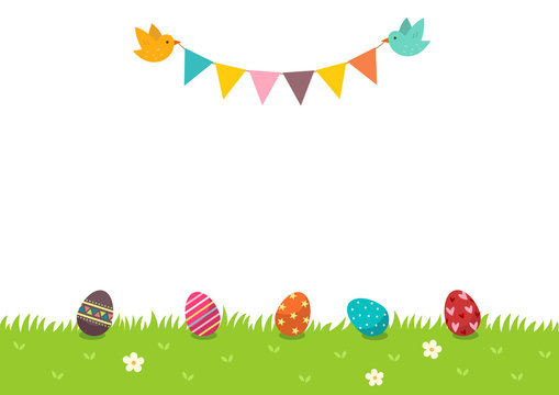Easter eggs on the grass and bunting flag with birds.Happy Easter background