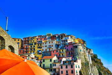 Manarola is one of the five villages that make up Cinque Terre in Italy.  This vacation destination is known for colorful homes on the waterfront cliffs. 