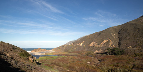 Mouth of the Little Sur river where it meets the Pacific Ocean at Point Sur on the Central California coast - United States