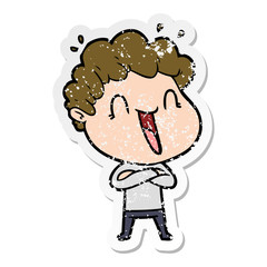 distressed sticker of a cartoon happy man laughing