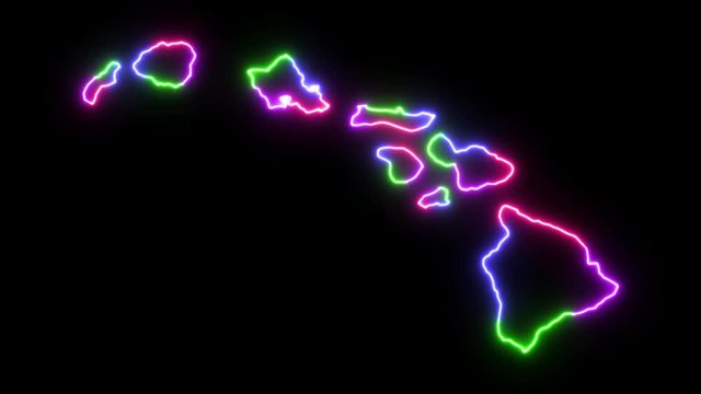 Four-colors neon glowing Hawaii map silhouette