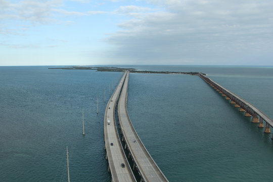 seven mile bridge on the Florida Keys from an aerial helicopter view