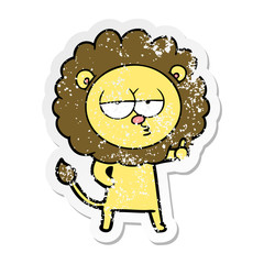 distressed sticker of a cartoon bored lion