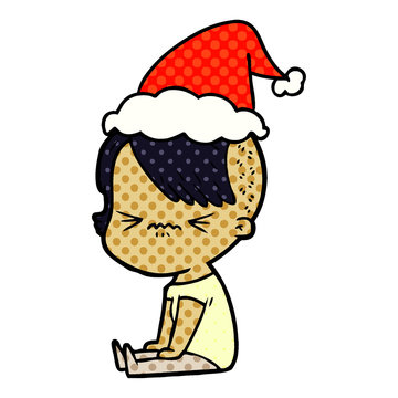 comic book style illustration of a annoyed hipster girl wearing santa hat