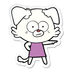 sticker of a nervous cartoon dog in dress pointing