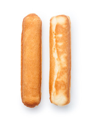 Fresh bread sticks isolated on white background. Top view.