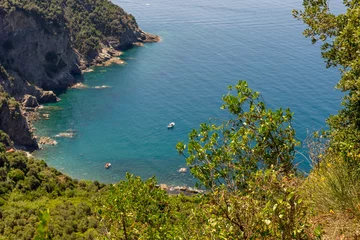 Fotobehang Italy, Cinque Terre, Corniglia, a large body of water surrounded by trees © SkandaRamana