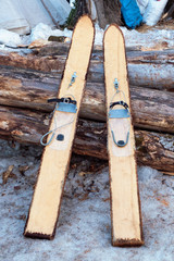 hunting wooden skis closeup.