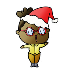 gradient cartoon of a woman wearing spectacles wearing santa hat